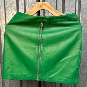 Green Leather Zip-Front Mini Skirt